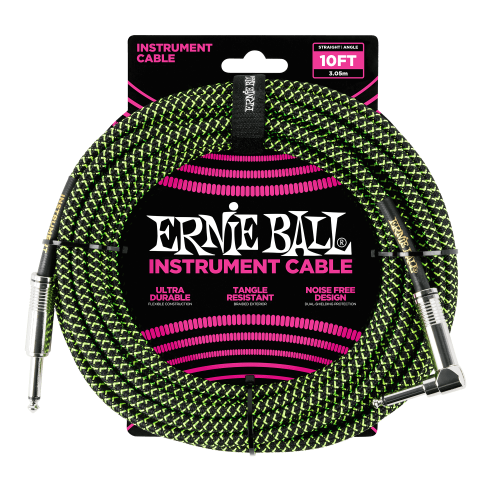 Ernie Ball P06077 10' Braided Straight / Angle Instrument Cable - Black / Green