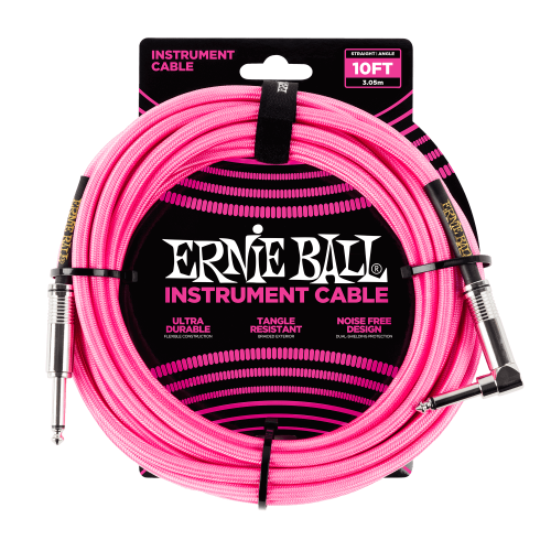 Ernie Ball P06078 10' Braided Straight / Angle Instrument Cable - Neon Pink