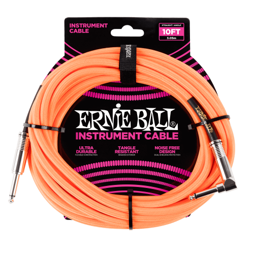Ernie Ball P06079 10' Braided Straight / Angle Instrument Cable - Neon Orange