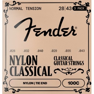 Fender 0730100300 100C Nylon Classical Acoustic Guitar Strings, Clear/Silver, Tie End, .028-.043 Gauges (3-Pack)