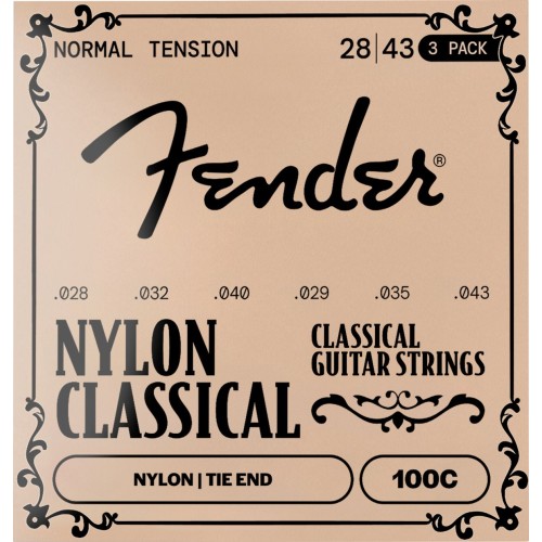 Fender 0730100300 100C Nylon Classical Acoustic Guitar Strings, Clear/Silver, Tie End, .028-.043 Gauges (3-Pack)